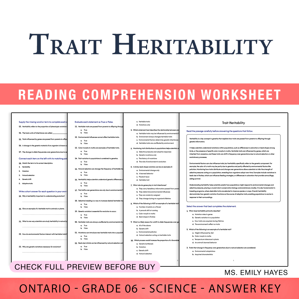 Grade 6 Science worksheet worksheet — 6th Grade Science | Trait Heritability Worksheet (PDF + Answer Key) — page 1