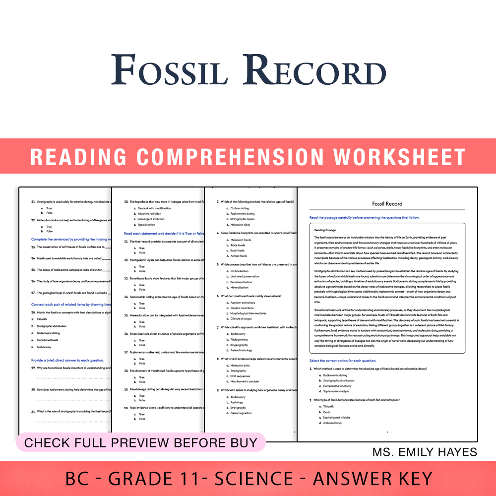 Grade 11 Science worksheet worksheet — Grade 11 Science | Fossil Record Worksheet (PDF + Answer Key) — page 1
