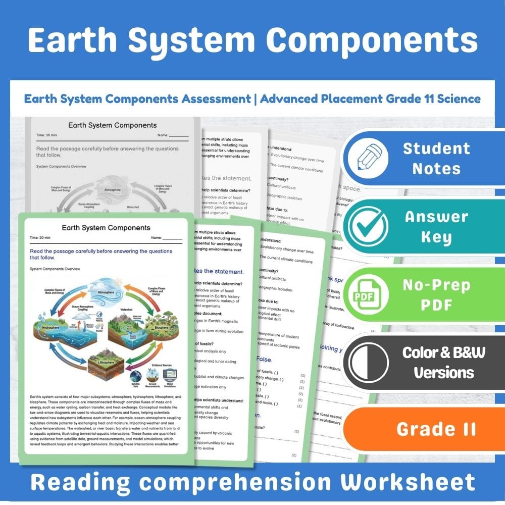 Grade 11 Science assessment worksheet — Earth System Components Assessment | Advanced Placement Grade 11 Science — page 1