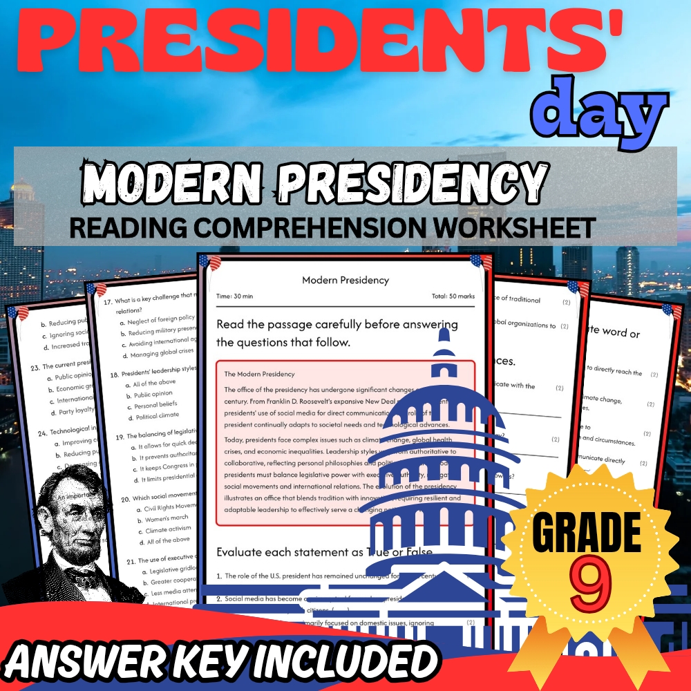 Grade 9 Presidents' Day Unit Worksheet Bundle | Leadership & Roles Focus — included worksheet 4