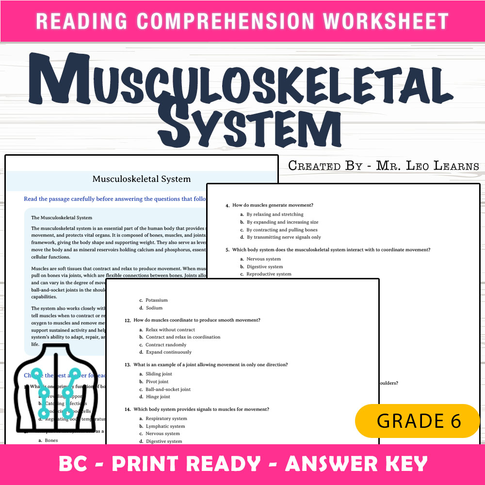 Grade 6 Science worksheet mcq paper worksheet — Grade 6 Science – Musculoskeletal System MCQ Worksheet for Mastery — page 1
