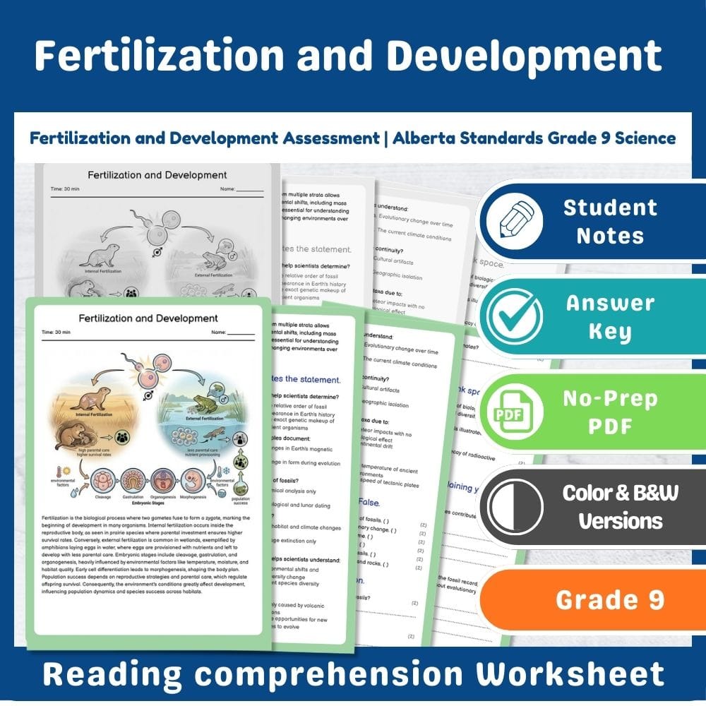 Grade 9 Science assessment worksheet — Fertilization and Development Assessment | Alberta Standards Grade 9 Science — page 1