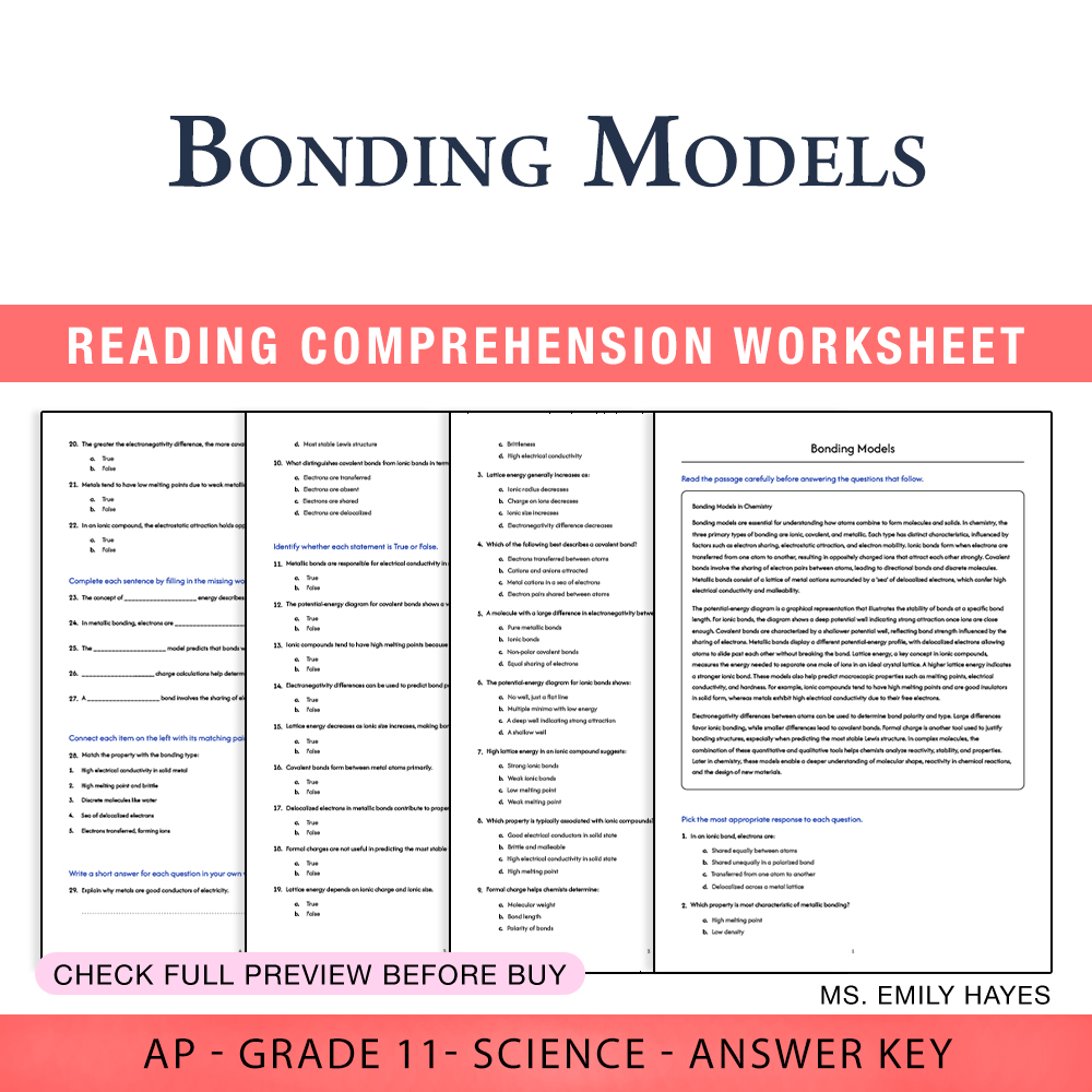 Grade 11 Science worksheet worksheet — 11th Grade Science | Bonding Models Worksheet (PDF+ Answer Key) — page 1