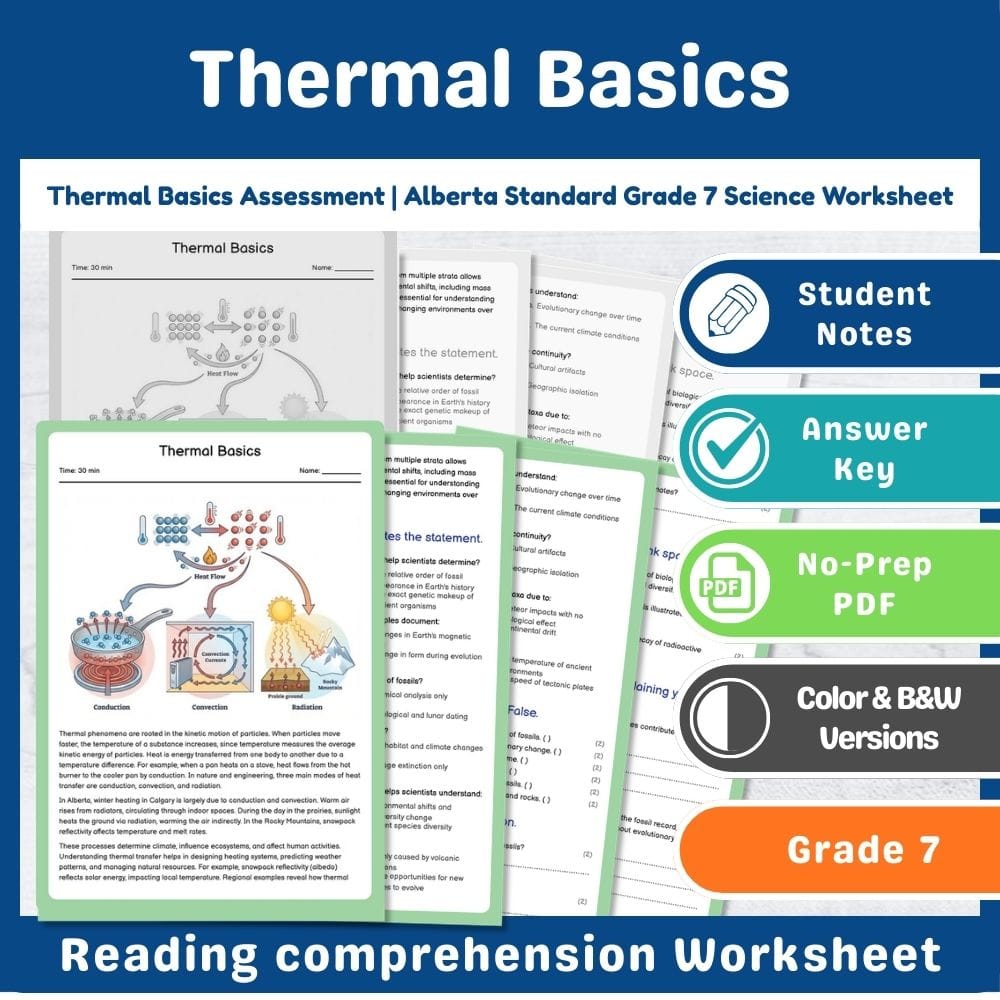 Grade 7 Science assessment worksheet — Thermal Basics Assessment | Alberta Standard Grade 7 Science Worksheet — page 1