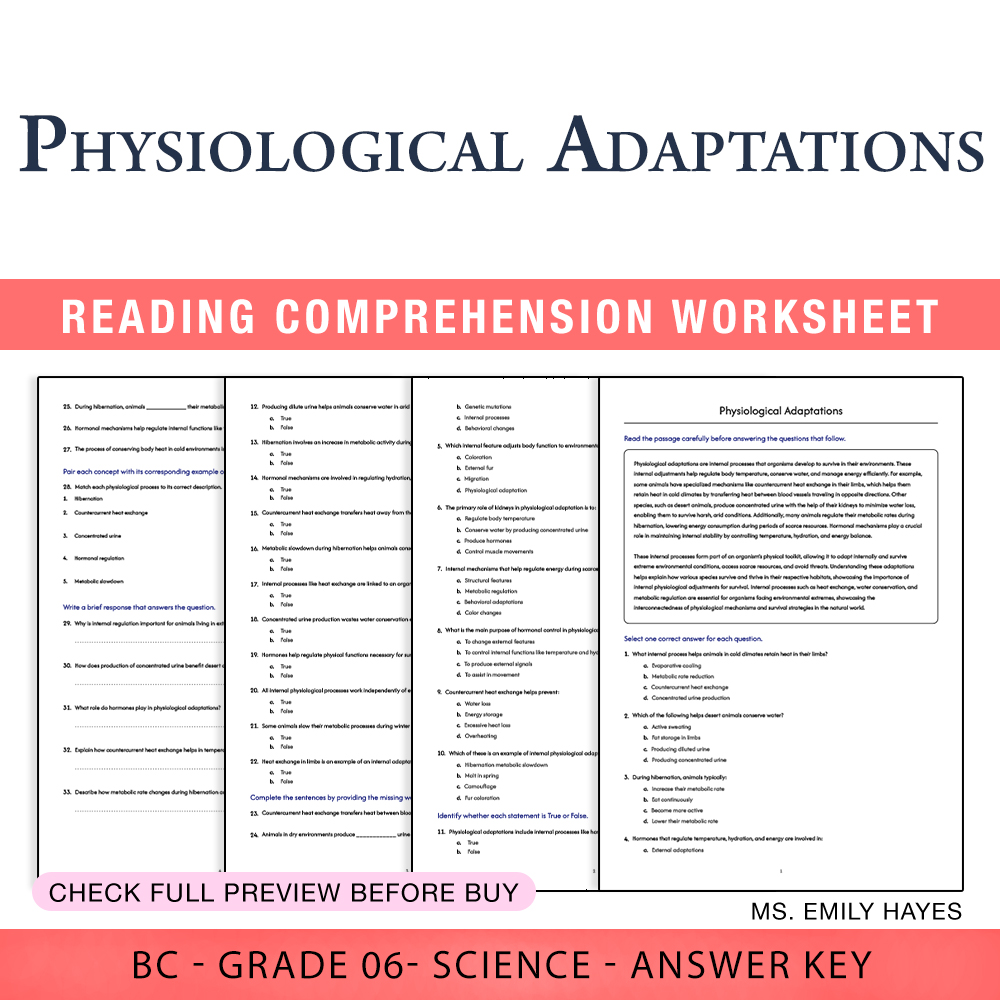 Grade 6 Science — worksheet — 6th Grade Science | Physiological Adaptations Worksheet (PDF+ Answer Key) — page 1