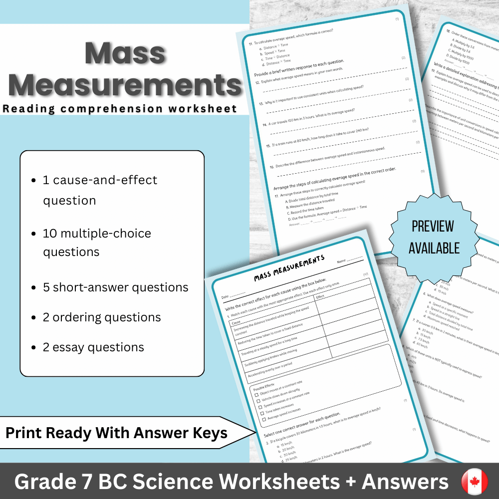 Grade 7 Science | Mass Measurements Worksheet (Answer Key) | BC Standards