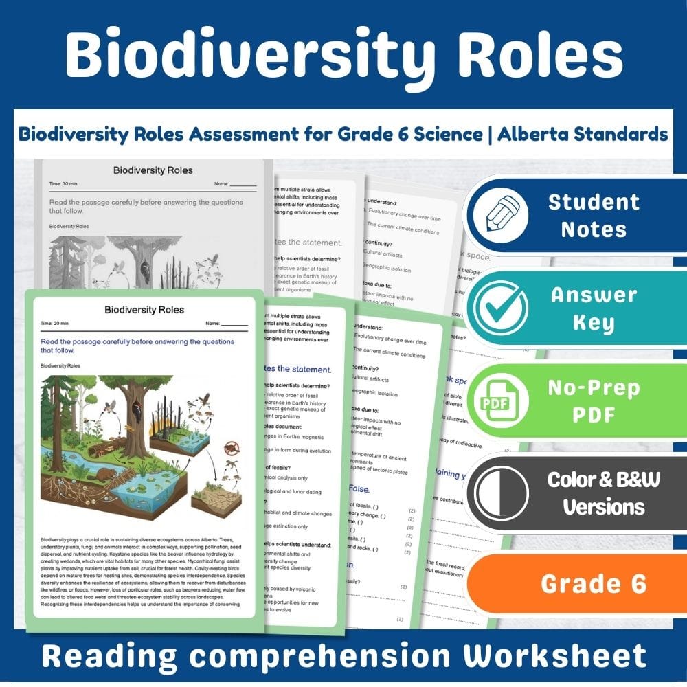 Grade 6 Science assessment worksheet — Biodiversity Roles Assessment for Grade 6 Science | Alberta Standards — page 1