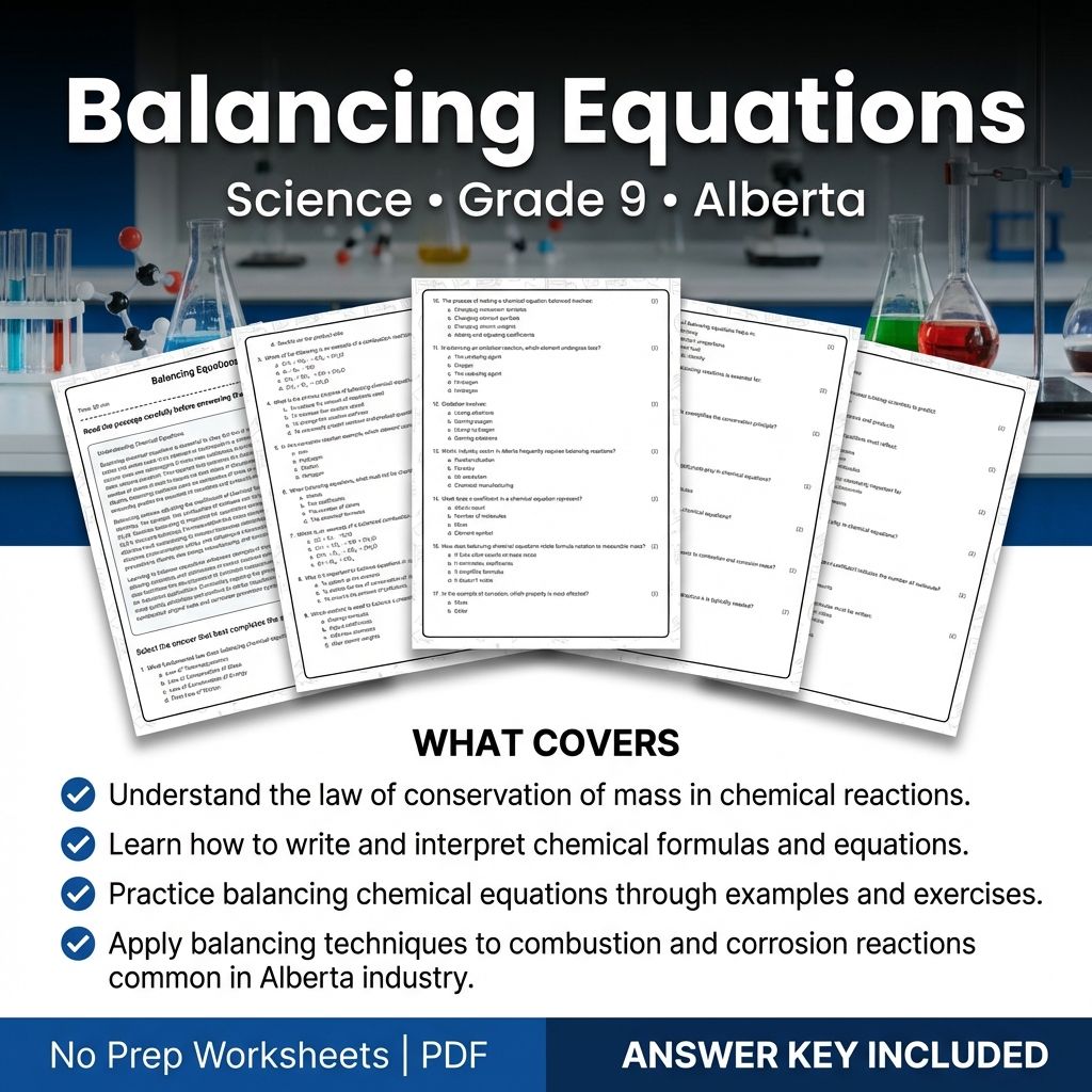 Grade 9 Science Worksheet on Balancing Equations | Alberta Standards
