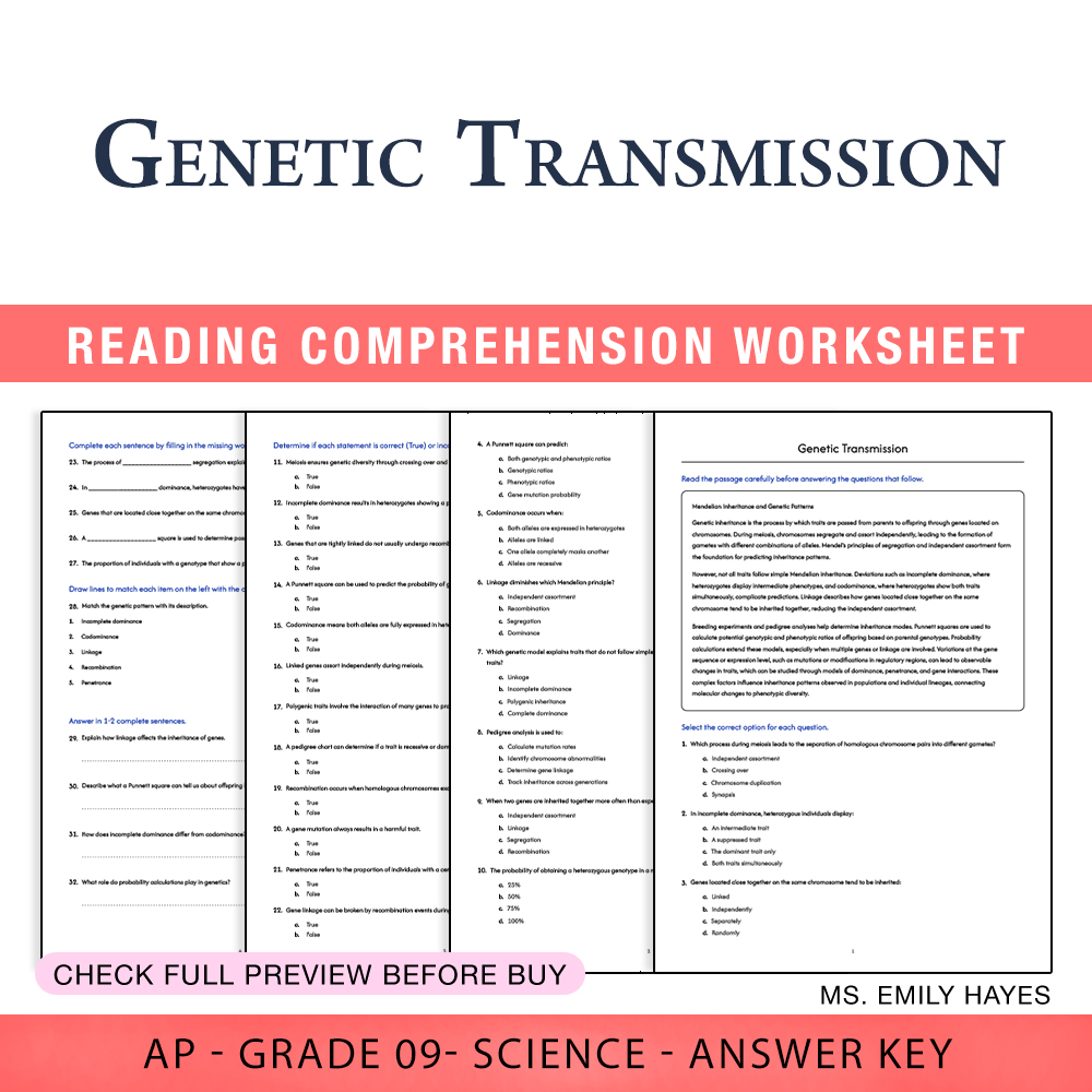 Grade 9 Science worksheet worksheet — 9th Grade Science | Genetic Transmission Worksheet (PDF+ Answer Key) — page 1