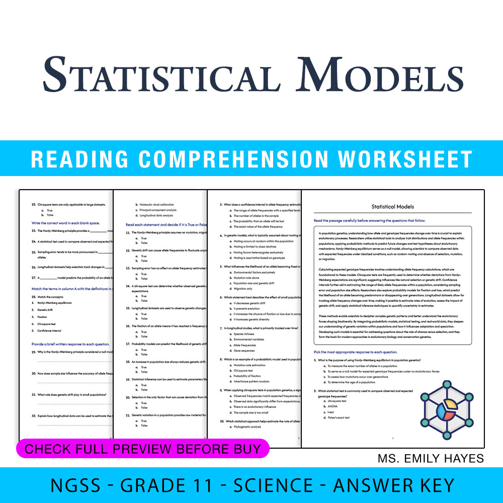 Grade 11 Science worksheet — 11th Grade Science | Statistical Models Worksheet (PDF+ Answer Key) — page 1