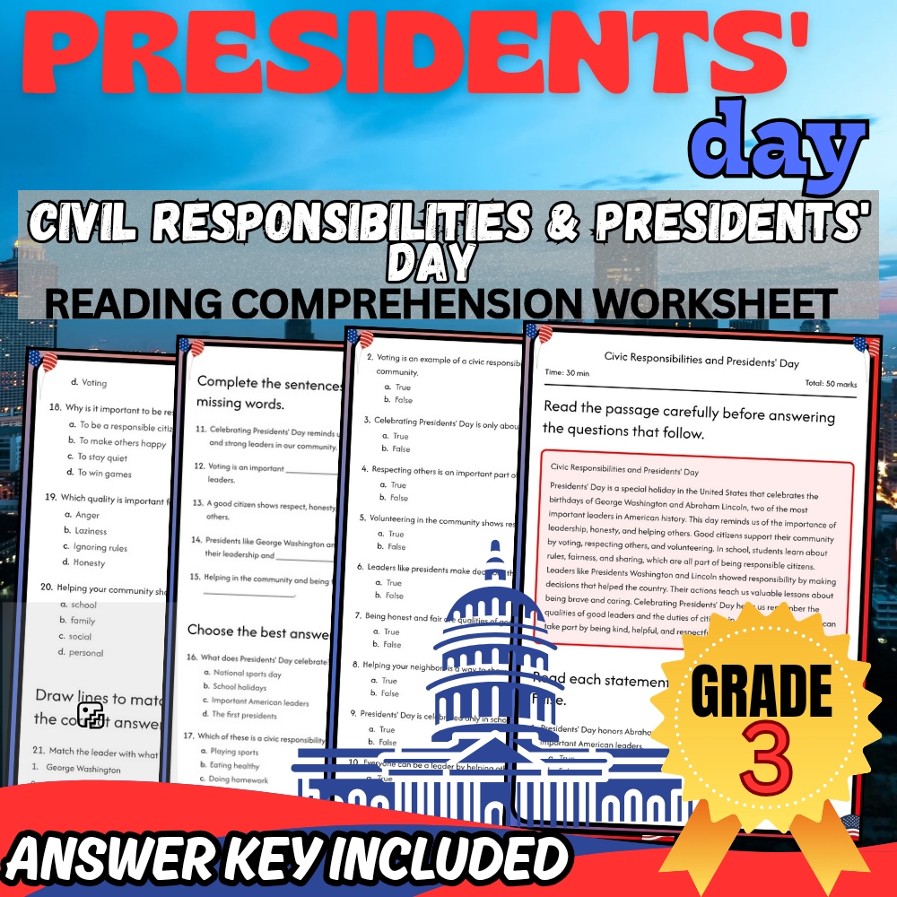 Grade 3 Presidents' Day Bundle Holiday & U.S. History Worksheets for Classrooms — included worksheet 4