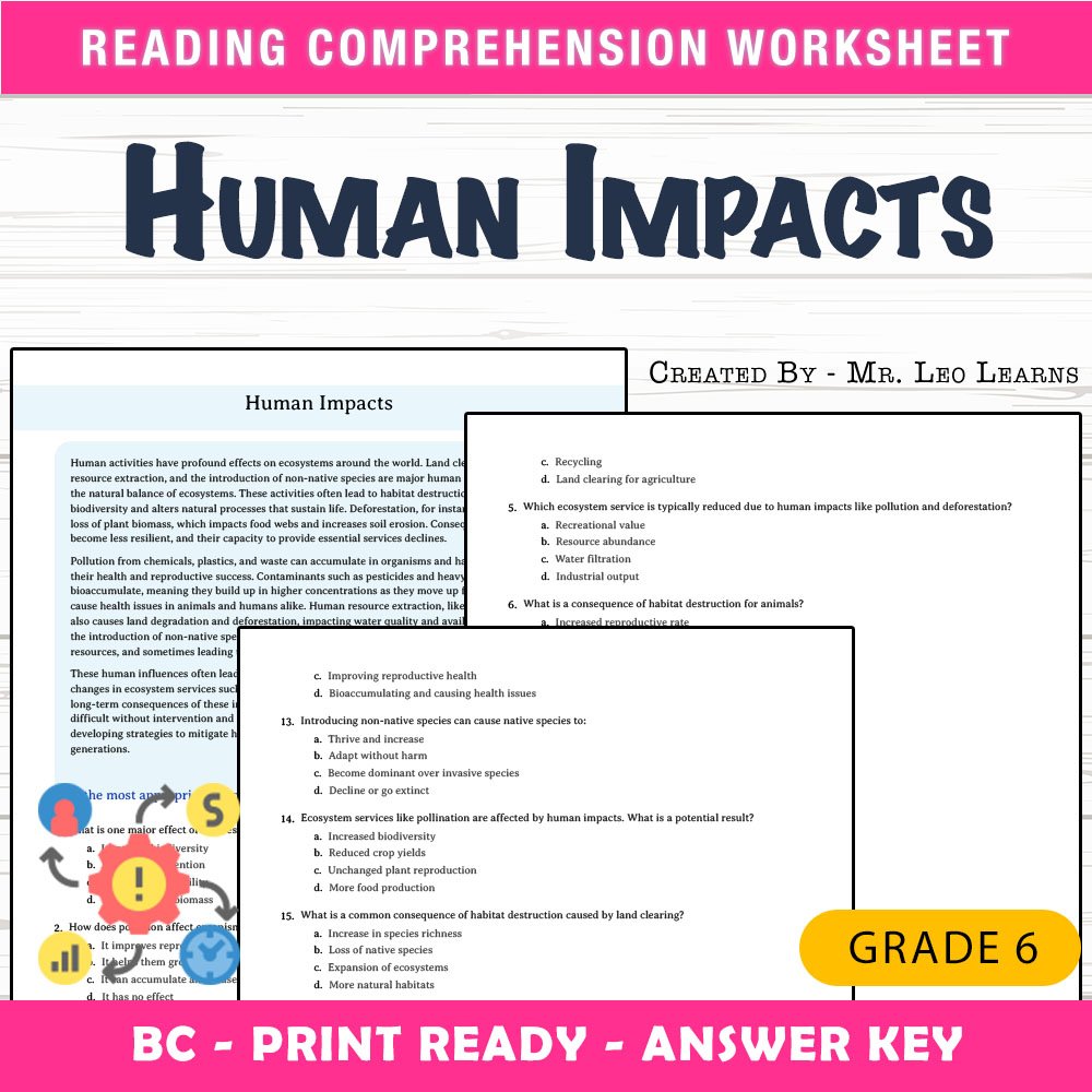 Grade 6 Science worksheet mcq paper worksheet — Grade 6 Science — Human Impacts Worksheet MCQ Paper for Mastery — page 1