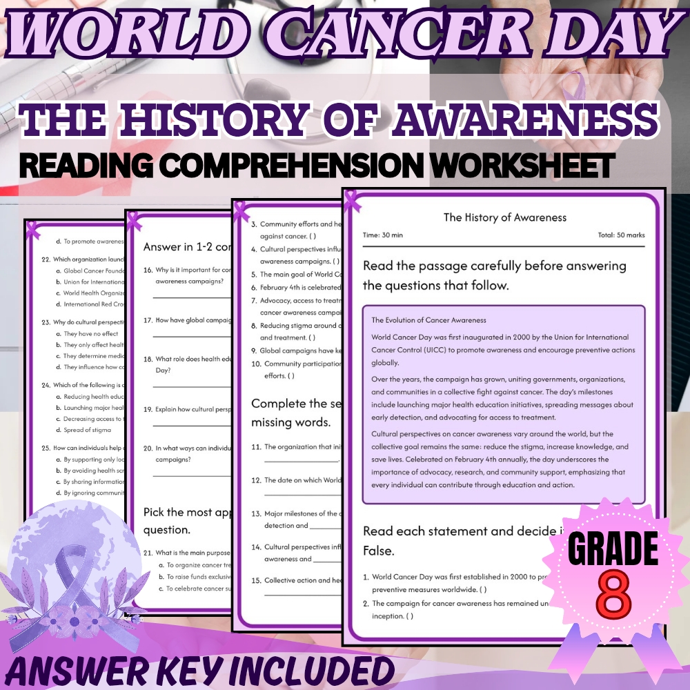 Grade 8 | World Cancer Day Worksheet for Mastering Awareness | PDF + Answer Key