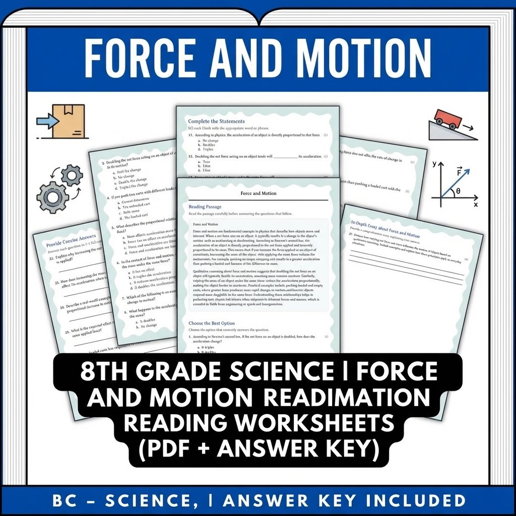 8th Grade Science | Force and Motion Reading Worksheets (PDF + Answer Key)