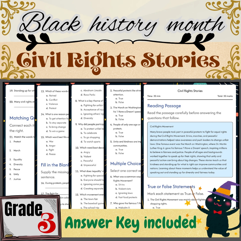 Grade3 Social Studies|Civil Rights Stories Black Friday Worksheet|PDF+Answer Key