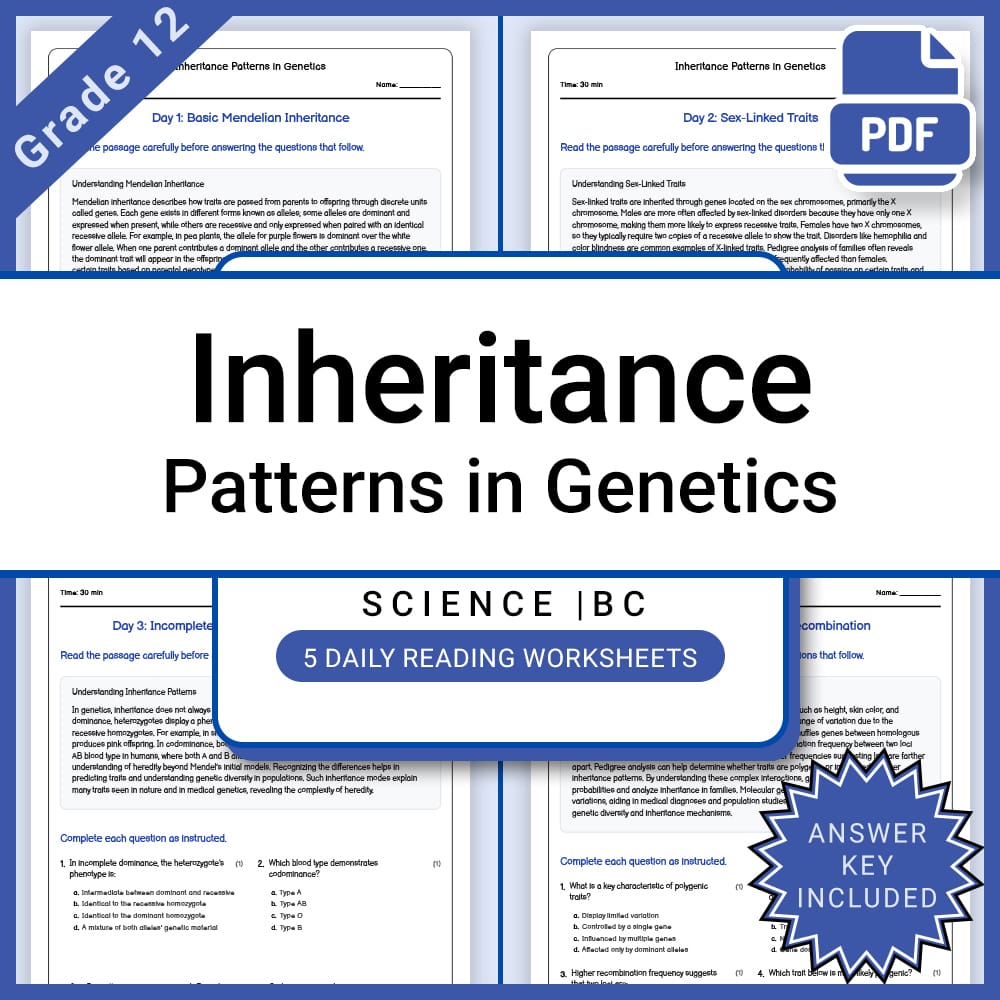 Grade 12 Science – Inheritance Patterns in Genetics Daily Worksheet + Answer Key