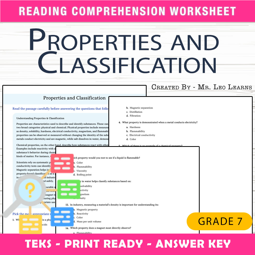 Grade 7 Science worksheet worksheet — Grade 7 Science — Properties and Classification Worksheet for Mastery — page 1