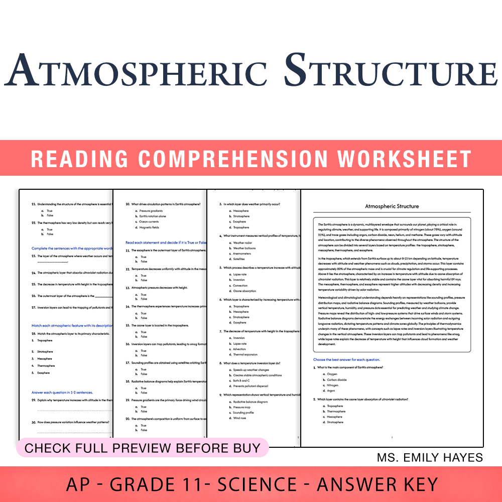 Grade 11 Science worksheet worksheet — 11th Grade Science | Atmospheric Structure Worksheet (PDF+ Answer Key) — page 1
