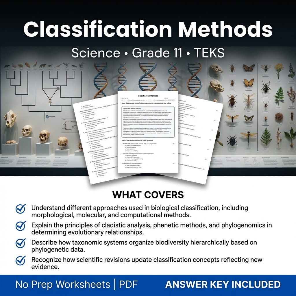 Grade 11 Science worksheet — Grade 11 Science Worksheet on Classification Methods | TEKS Aligned