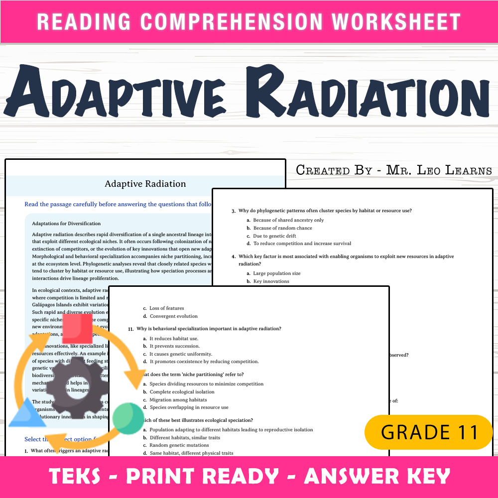 Grade 11 Science worksheet worksheet — Grade 11 Science – Adaptive Radiation Worksheet for Mastering Evolution — page 1