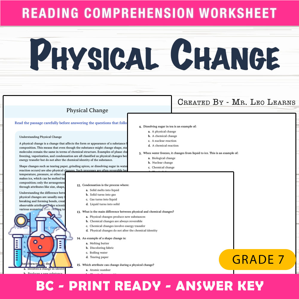 Grade 7 Science worksheet mcq paper worksheet — Grade 7 Science — Physical Change Worksheet MCQ Paper — page 1