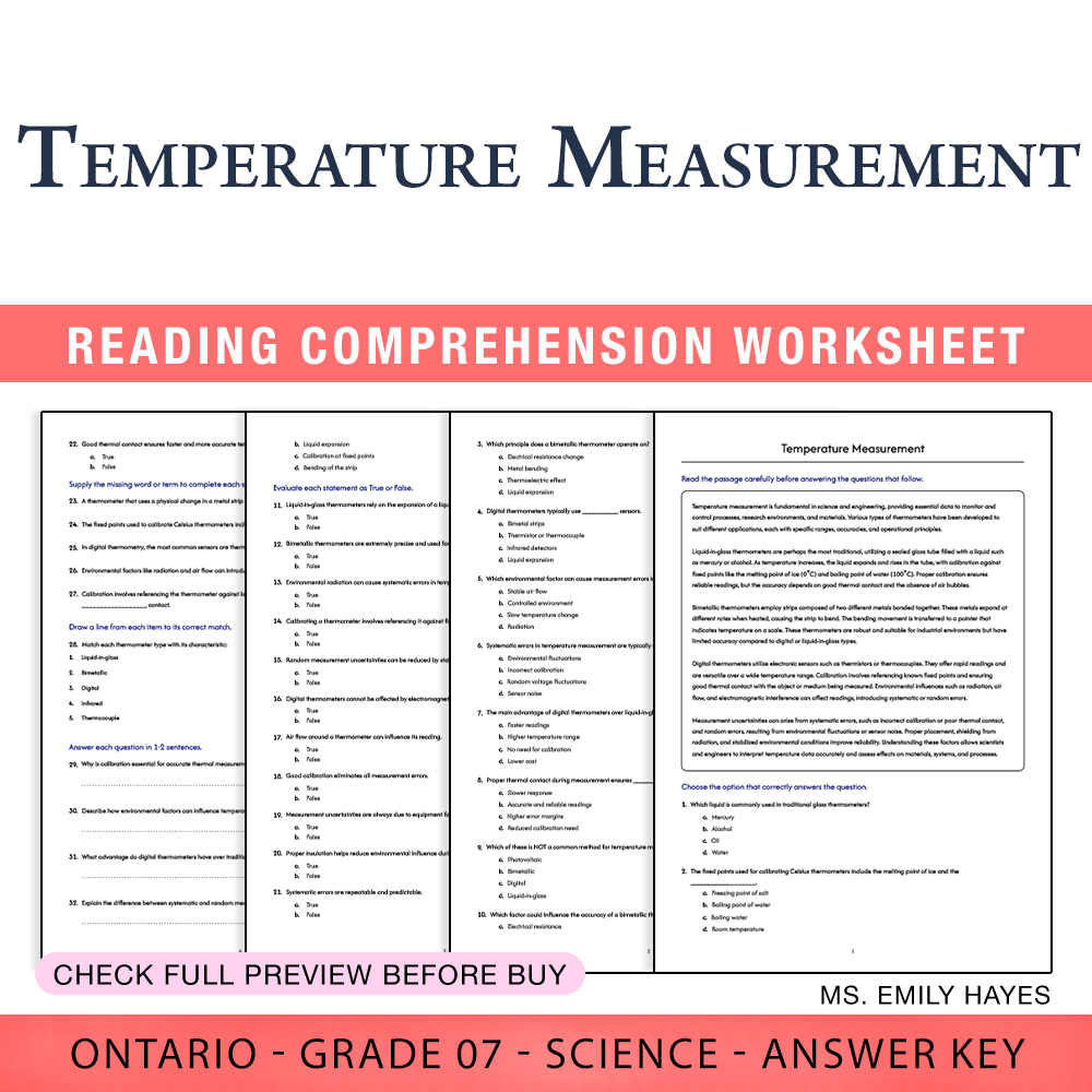 Grade 7 Science worksheet worksheet — 7th Grade Science | Temperature Measurement Worksheet (PDF+ Answer Key) — page 1