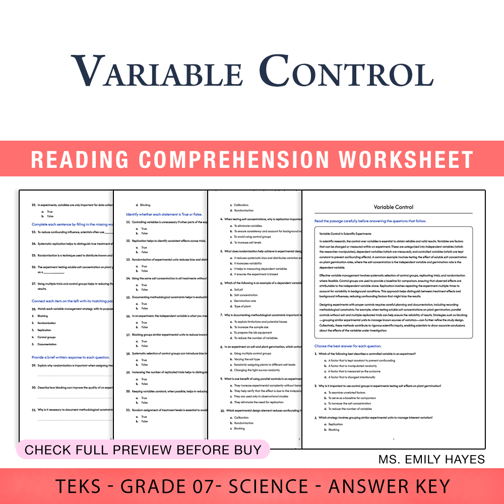 Grade 7 Science worksheet worksheet — 7th Grade Science | Variable Control Worksheet (PDF+ Answer Key) — page 1