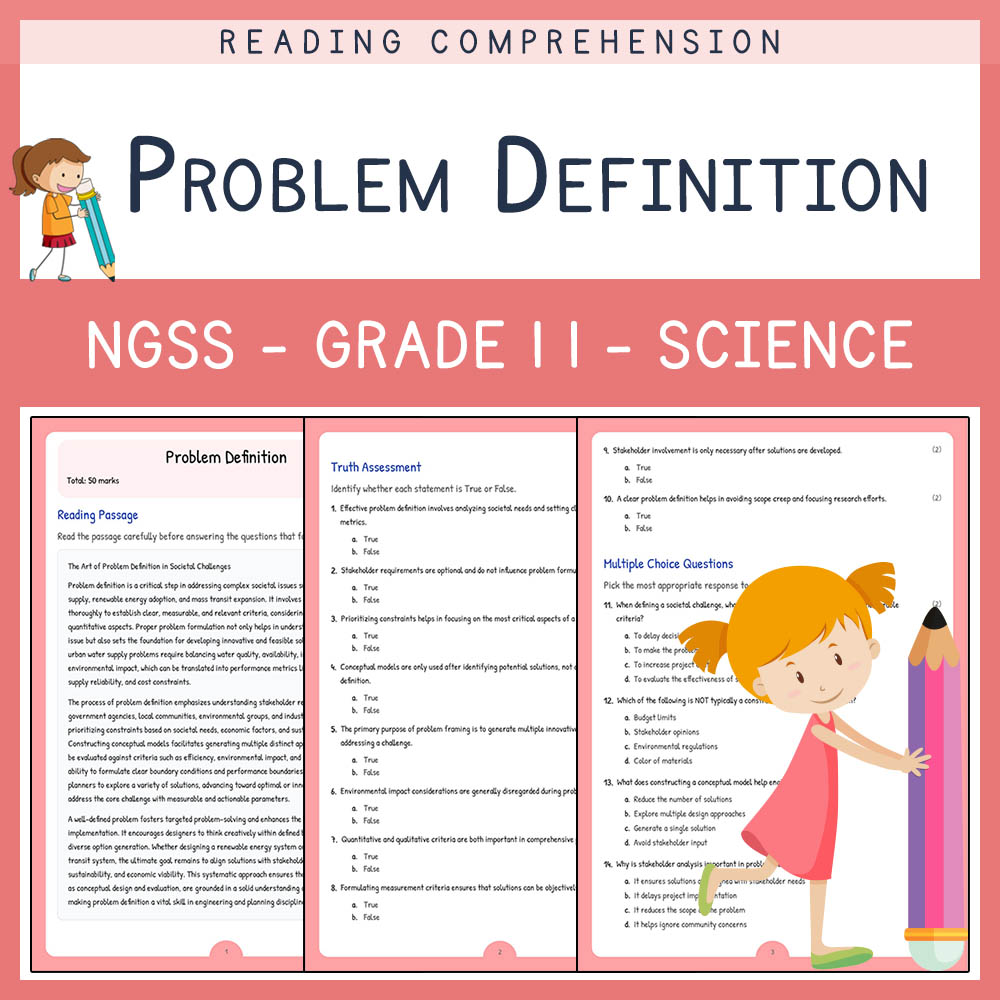 Grade 11 Science worksheet worksheet — Grade 11 Science | Problem Definition Worksheet + Answer Key (NGSS Aligned) — page 1