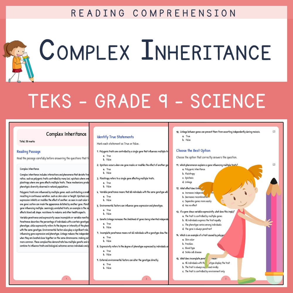 Grade 9 Science worksheet elena worksheet — Grade 9 Science | Complex Inheritance Worksheet | TEKS Aligned — page 1