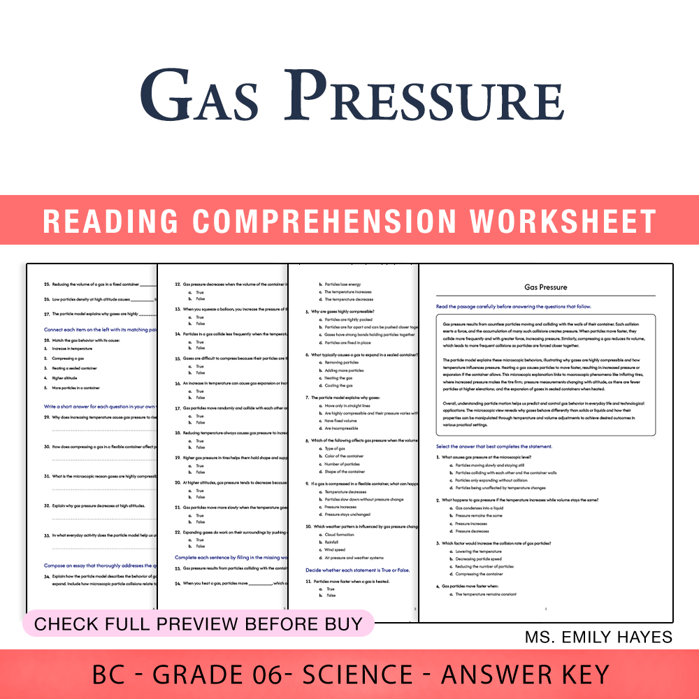 Grade 6 Science worksheet worksheet — 6th Grade Science | Gas Pressure Worksheet (PDF+ Answer Key) — page 1