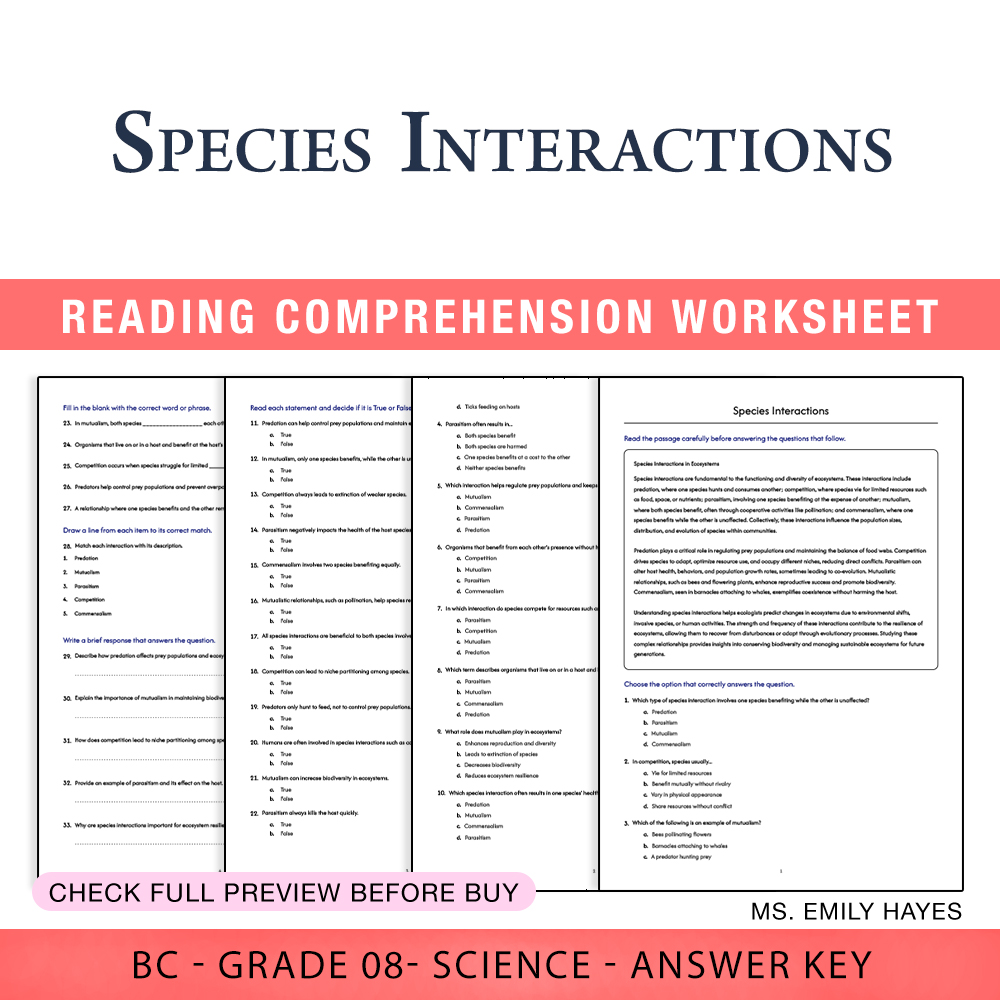 Grade 8 Science worksheet worksheet — Grade 8 Science | Species Interactions Worksheet (PDF+ Answer Key) — page 1