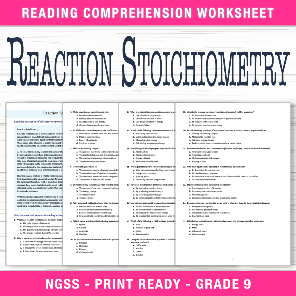 Grade 9 Science worksheet worksheet — Grade 9 Science | Reaction Stoichiometry Worksheet (PDF + Answer Key) — page 1