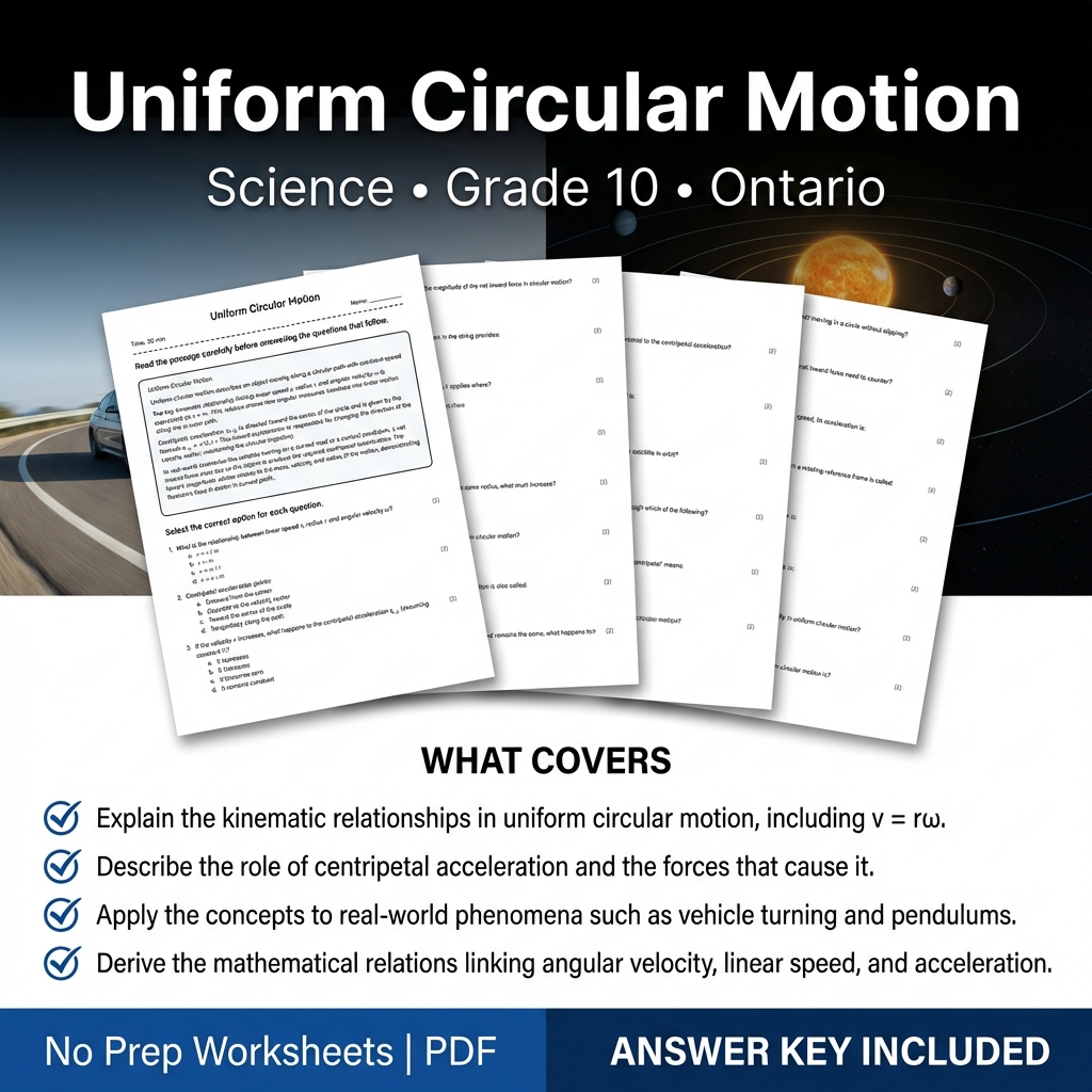 Grade 10 Science Worksheet on Uniform Circular Motion | Ontario Standards