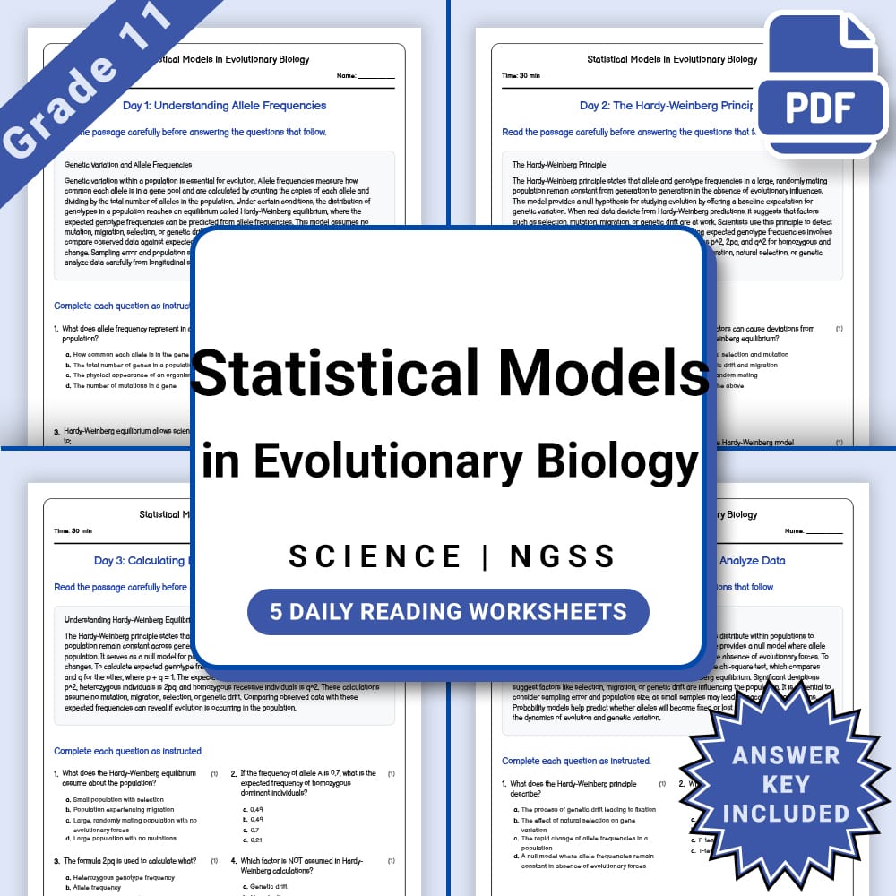 Grade 11 Science daily reading worksheet worksheet — Grade 11 Science – Statistical Models in Evolutionary Biology (PDF +A…