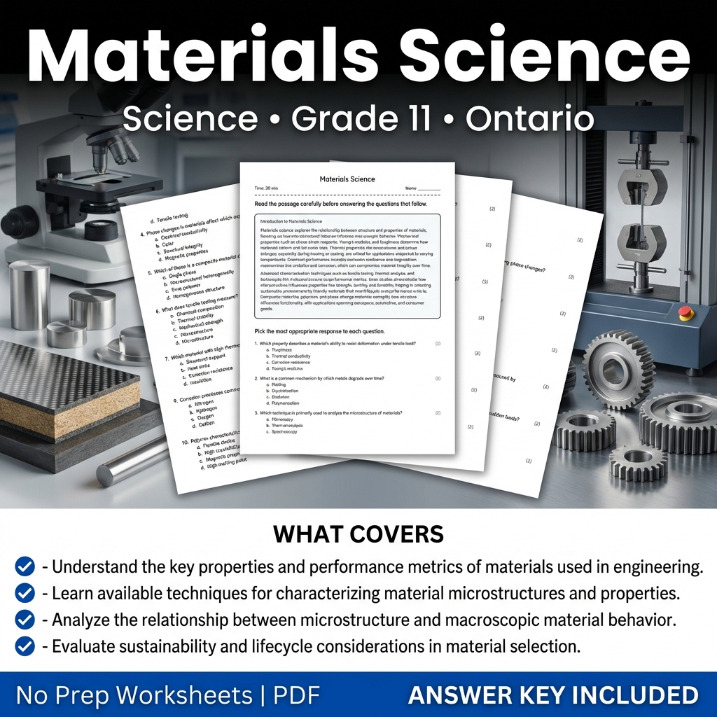Materials Science Worksheet for Grade 11 Science | Ontario Standards