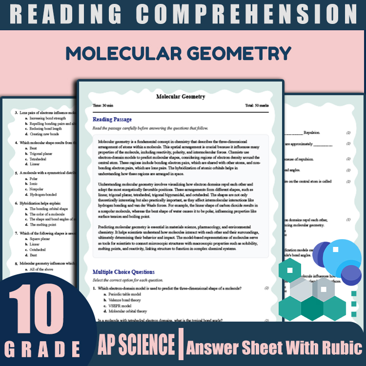 Grade 10 Science reading worksheets worksheet — 10th Grade Science | Molecular Geometry Reading Worksheet (PDF + Rubric) —…