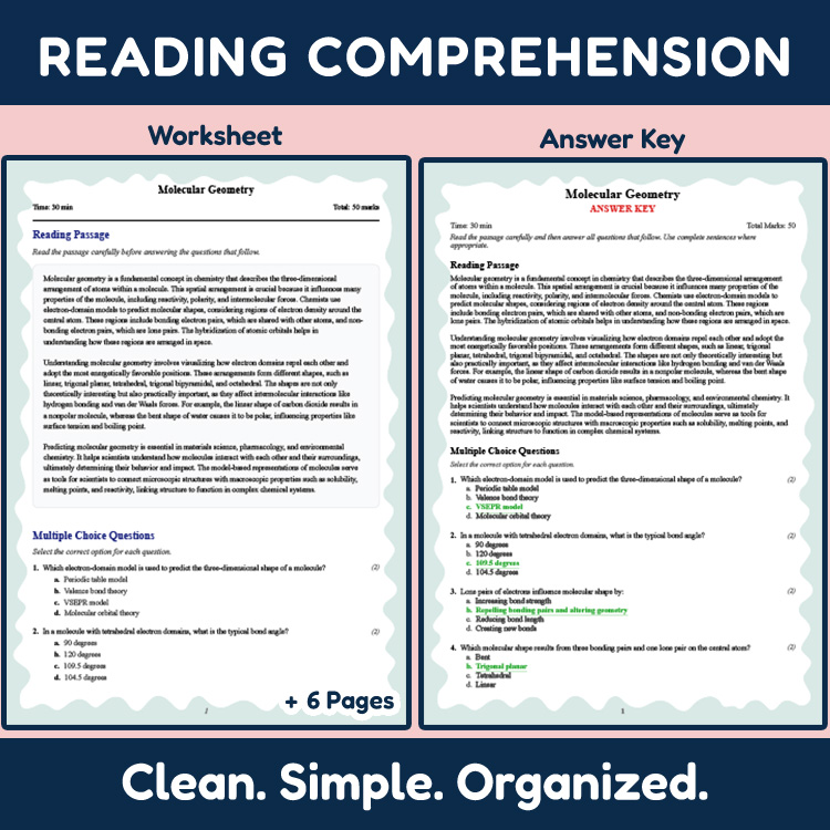 Grade 10 Science reading worksheets worksheet — 10th Grade Science | Molecular Geometry Reading Worksheet (PDF + Rubric) —…