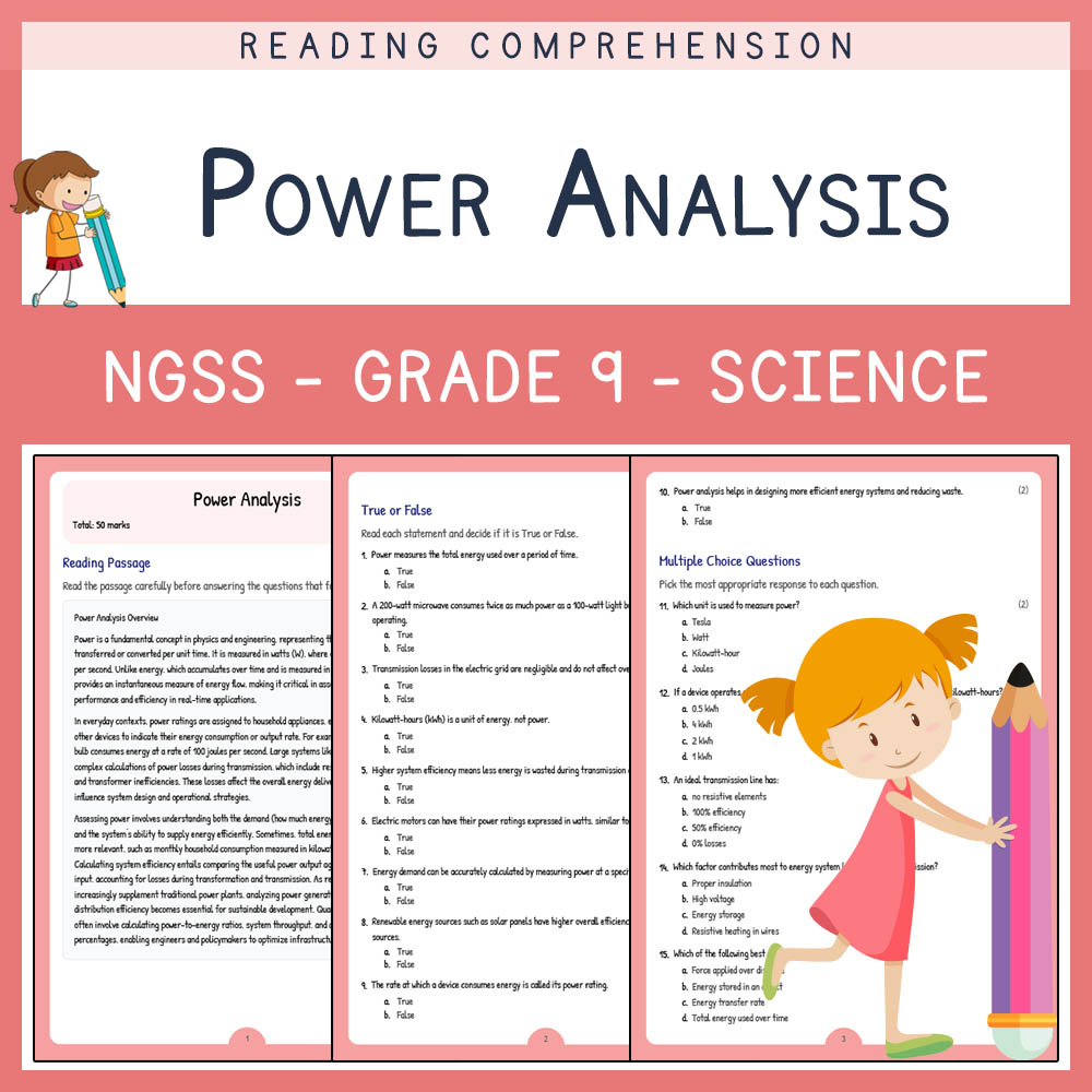 Grade 9 Science worksheet worksheet — Grade 9 Science | Power Analysis Worksheet & Answer Key – NGSS-Aligned — page 1