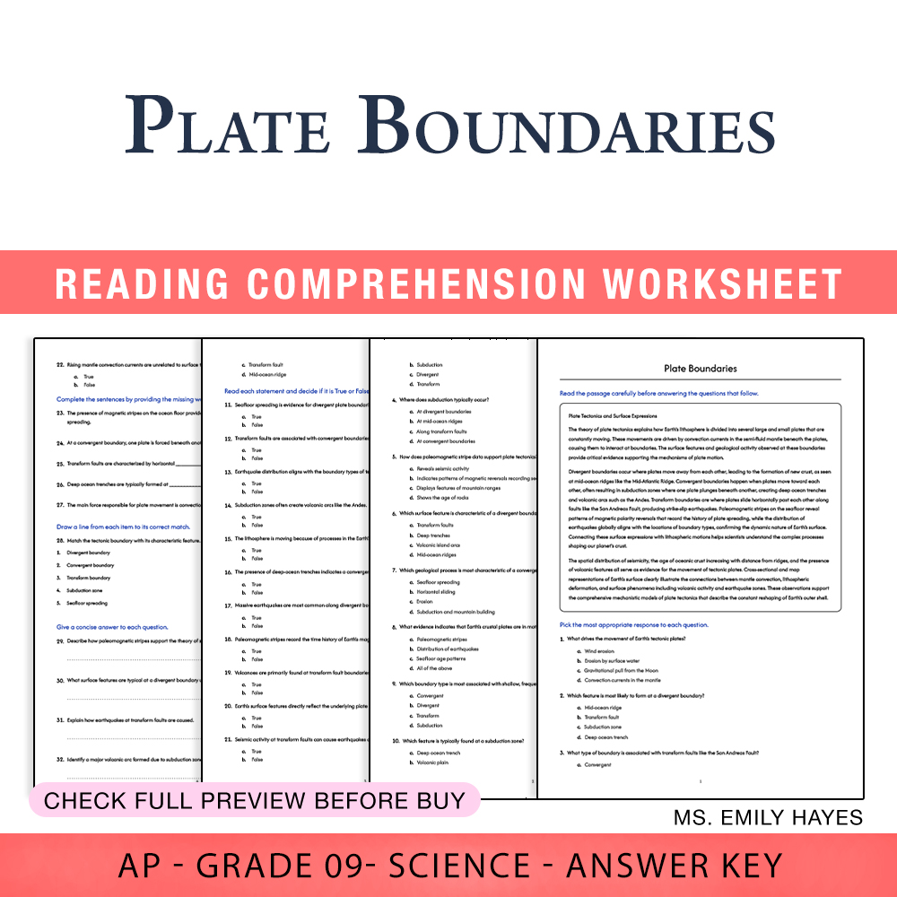 Grade 9 Science worksheet worksheet — 9th Grade Science | Plate Boundaries Worksheet (PDF+ Answer Key) — page 1