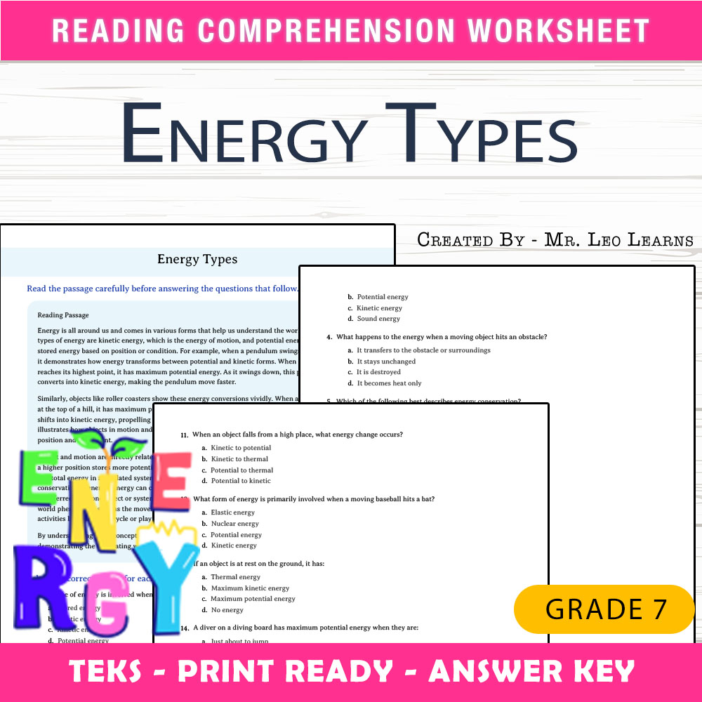 Grade 7 Science worksheet worksheet — Grade 7 Science — Energy Types Worksheet for Mastery — page 1