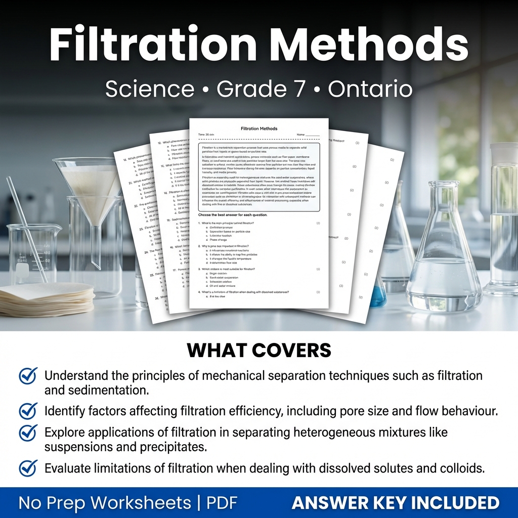 Grade 7 Science Worksheet on Filtration Methods | Ontario Standards