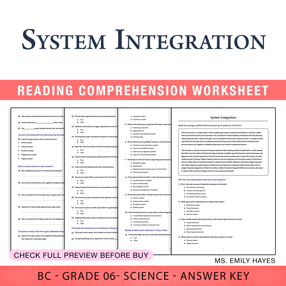 Grade 6 Science — worksheet — 6th Grade Science | System Integration Worksheet (PDF+ Answer Key) — page 1
