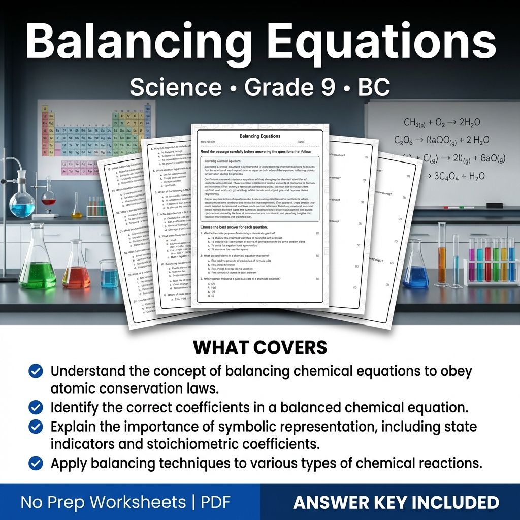 Grade 9 Science | Balancing Equations Worksheet & Answer Key (Printable PDF)
