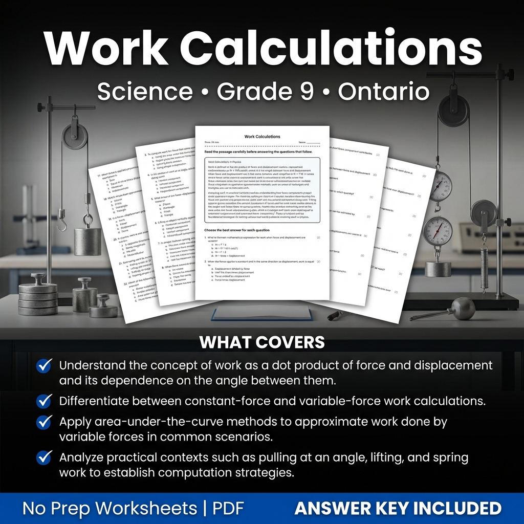 Work Calculations Worksheet for Grade 9 Science – Printable PDF & Answer Key