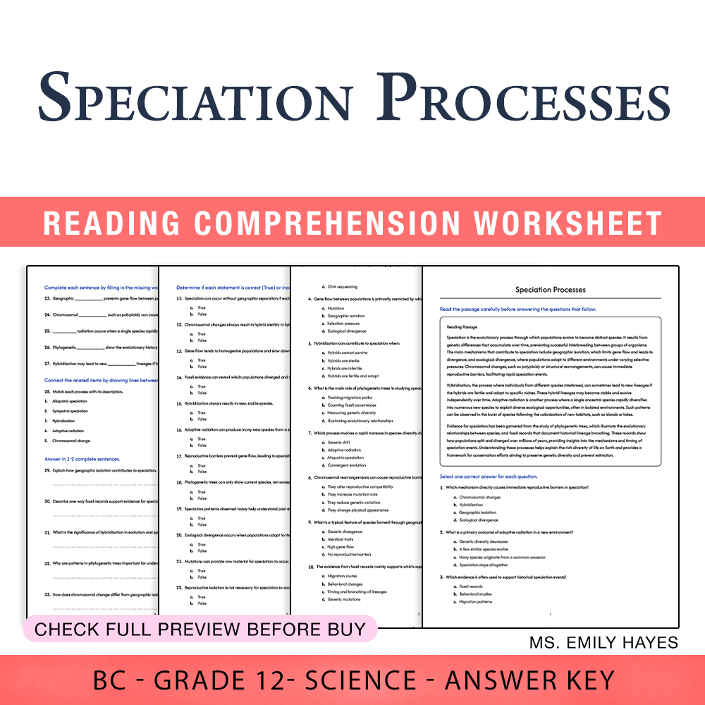 Grade 12 Science worksheet worksheet — 12th Grade Science | Speciation Processes Worksheet (PDF + Answer Key) — page 1