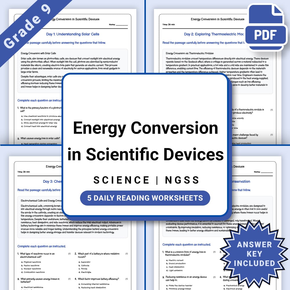 Grade 9 Science daily reading worksheet worksheet — Grade 9 Science – Energy Conversion Devices Worksheet(PDF + Answer Key…