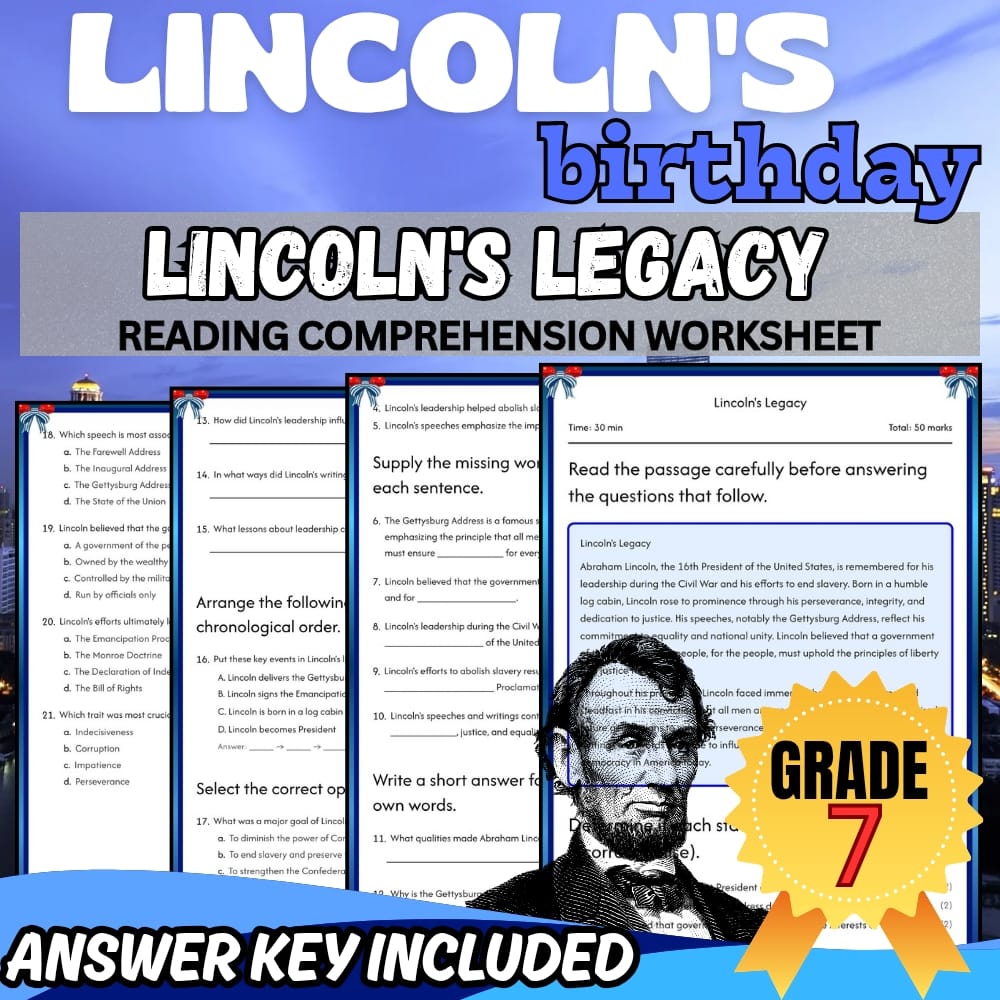 Grade 7 Lincoln's Birthday Worksheet for Understanding Lincoln| PDF + Answer Key