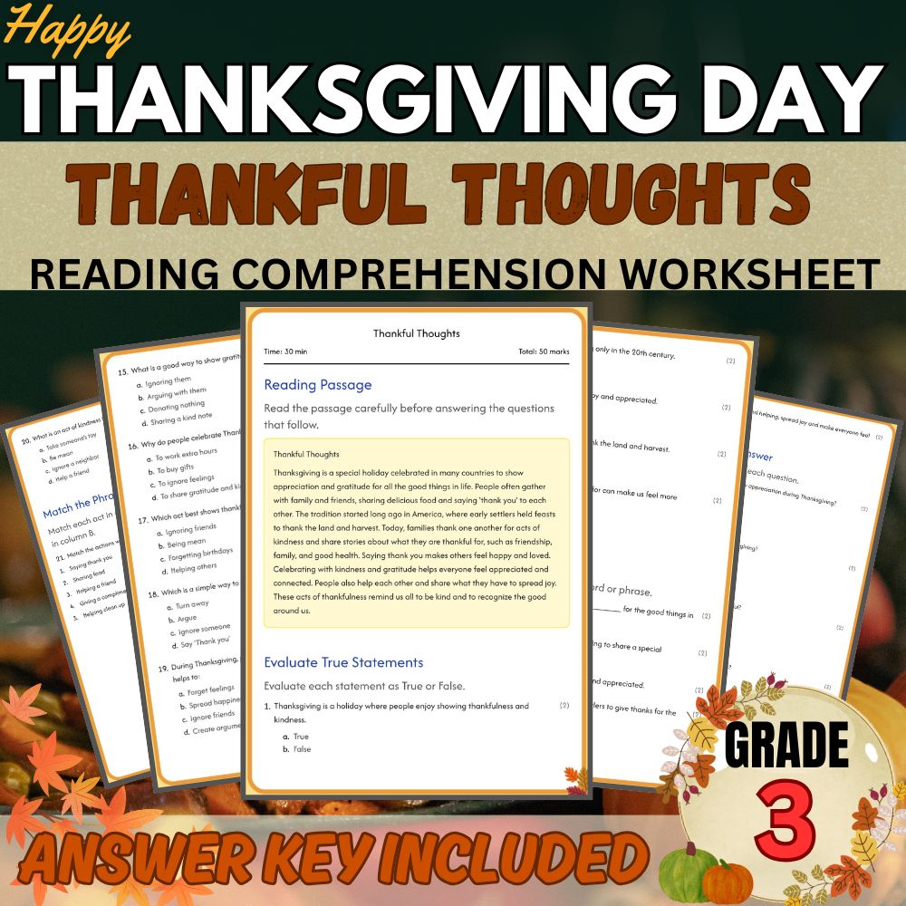 Grade 3 Seasonal | Happy Thanksgiving Worksheet for Mastery | PDF + Answer Key