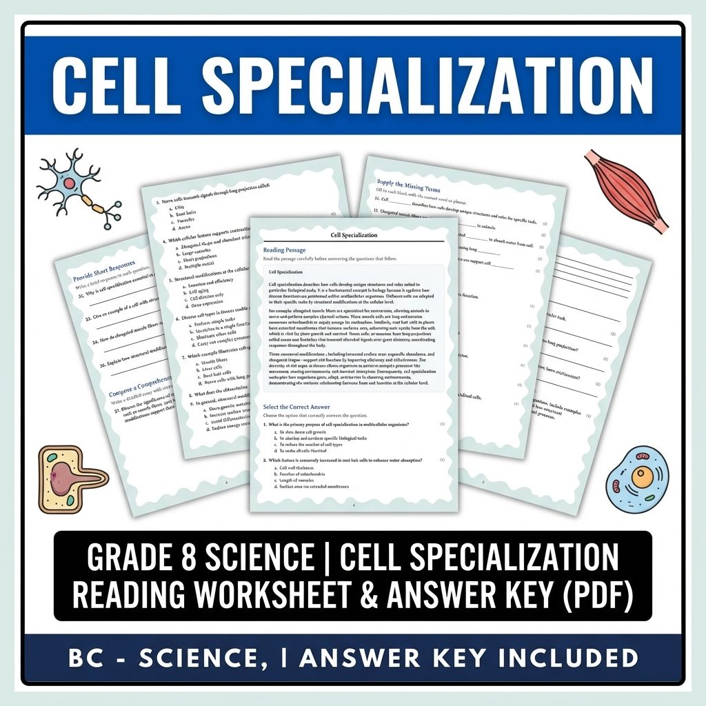 Grade 8 Science | Cell Specialization Reading Worksheet & Answer Key (PDF)