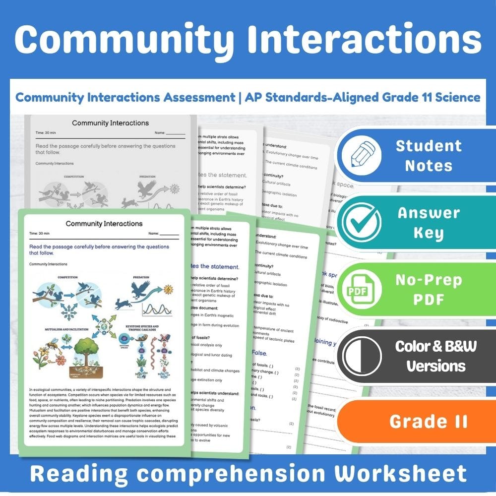 Grade 11 Science assessment worksheet — Community Interactions Assessment | AP Standards-Aligned Grade 11 Science — page 1